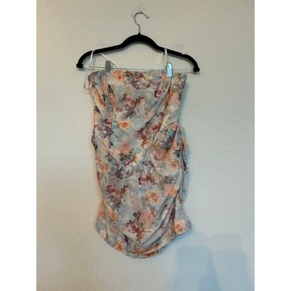 FOR LOVE AND LEMONS DELPHINE RUCHED STRAPLESS BLUE DRESS W/ROSE - Picture 2 of 5